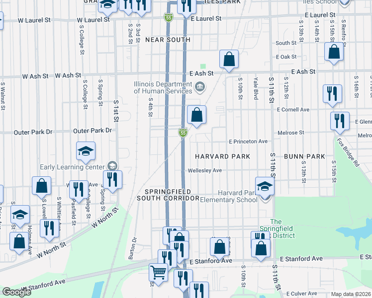 map of restaurants, bars, coffee shops, grocery stores, and more near 2323 South 6th Street in Springfield