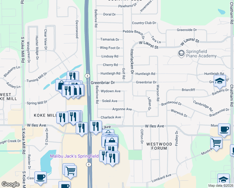 map of restaurants, bars, coffee shops, grocery stores, and more near 2501-2599 Soleil Rd in Springfield
