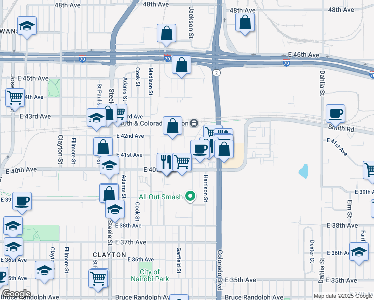 map of restaurants, bars, coffee shops, grocery stores, and more near 4105 Jackson Street in Denver