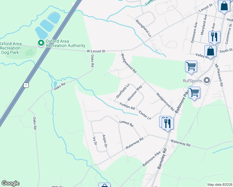 map of restaurants, bars, coffee shops, grocery stores, and more near 216 Sheffield Lane in Oxford