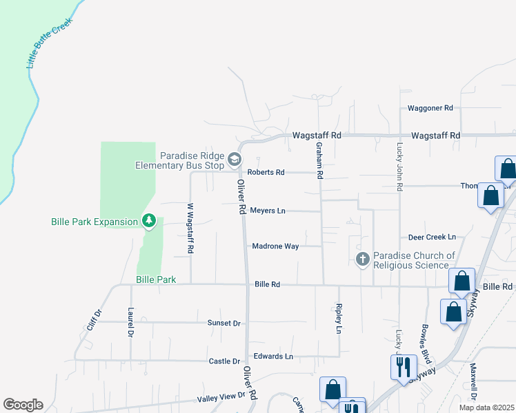 map of restaurants, bars, coffee shops, grocery stores, and more near 655 Meyers Lane in Paradise