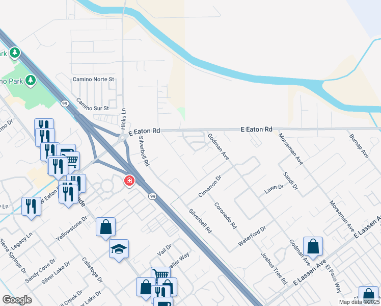 map of restaurants, bars, coffee shops, grocery stores, and more near 3275 Rockin M Drive in Chico