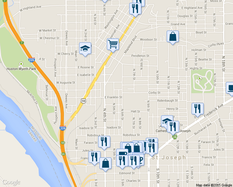 map of restaurants, bars, coffee shops, grocery stores, and more near 1015 North 5th Street in St. Joseph
