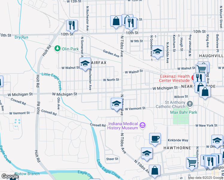 map of restaurants, bars, coffee shops, grocery stores, and more near 3425 West Michigan Street in Indianapolis