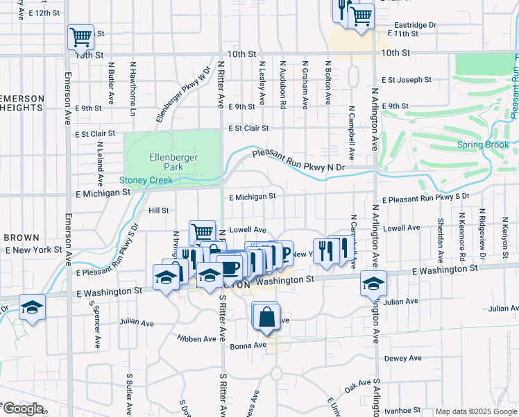 map of restaurants, bars, coffee shops, grocery stores, and more near 328 North Lesley Avenue in Indianapolis