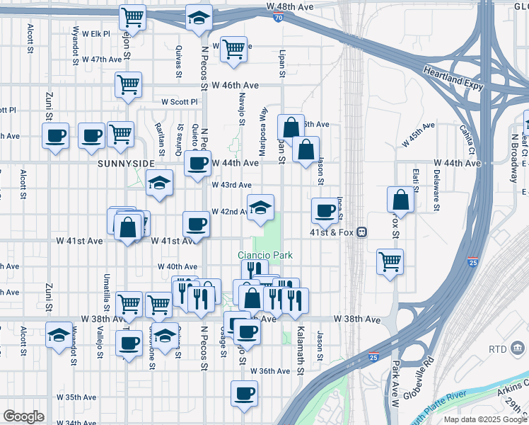 map of restaurants, bars, coffee shops, grocery stores, and more near 1294 West 42nd Avenue in Denver