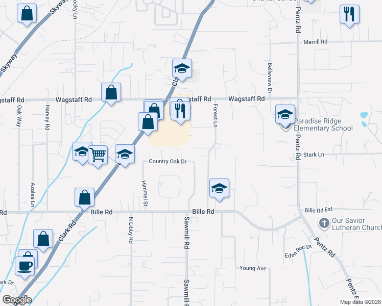 map of restaurants, bars, coffee shops, grocery stores, and more near 1523 Forest Circle in Paradise