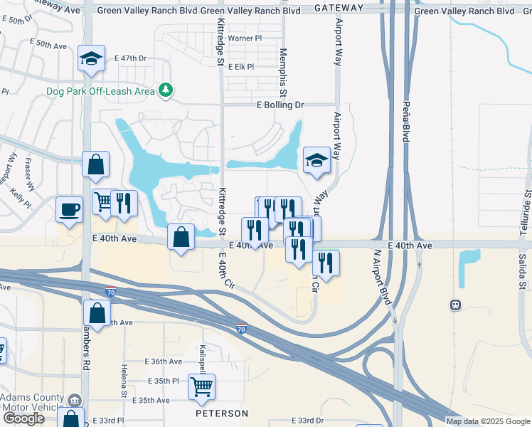 map of restaurants, bars, coffee shops, grocery stores, and more near Andrews Way in Denver