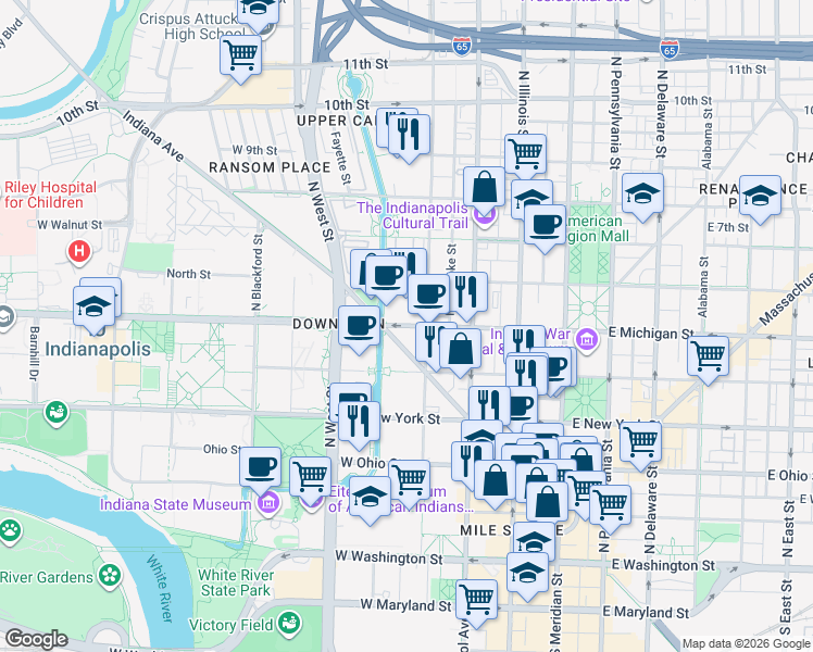 map of restaurants, bars, coffee shops, grocery stores, and more near 317 West Michigan Street in Indianapolis