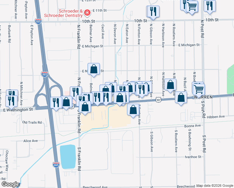 map of restaurants, bars, coffee shops, grocery stores, and more near 8310 East Washington Street in Indianapolis