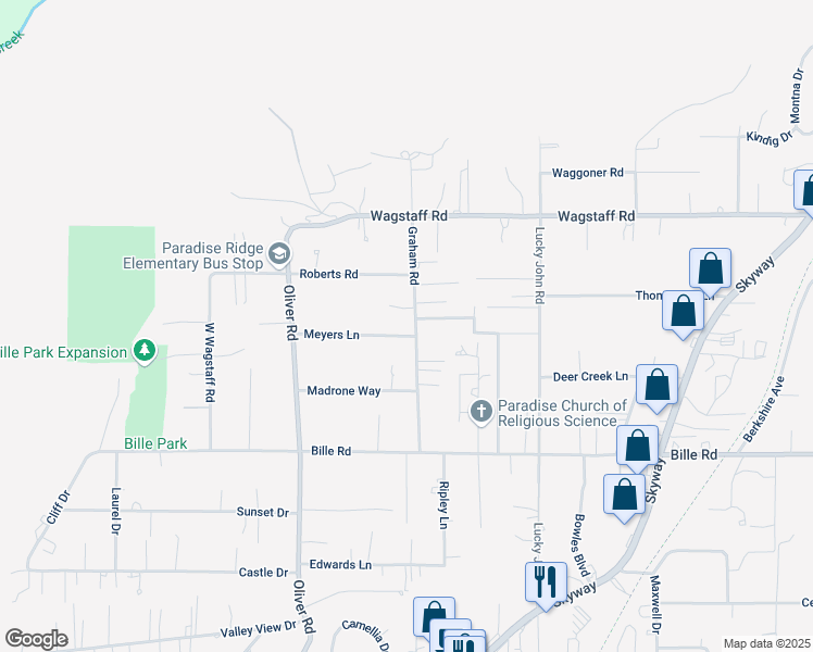 map of restaurants, bars, coffee shops, grocery stores, and more near 6301 Graham Road in Paradise