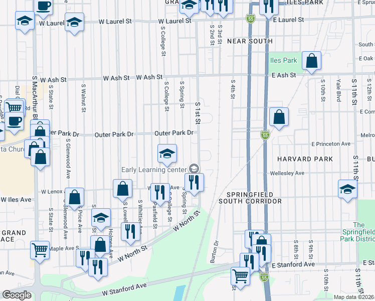 map of restaurants, bars, coffee shops, grocery stores, and more near 2332 South Spring Street in Springfield