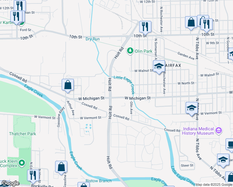 map of restaurants, bars, coffee shops, grocery stores, and more near 3800 West Michigan Street in Indianapolis