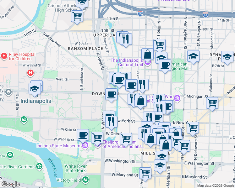 map of restaurants, bars, coffee shops, grocery stores, and more near W Michigan St & Indiana Ave in Indianapolis