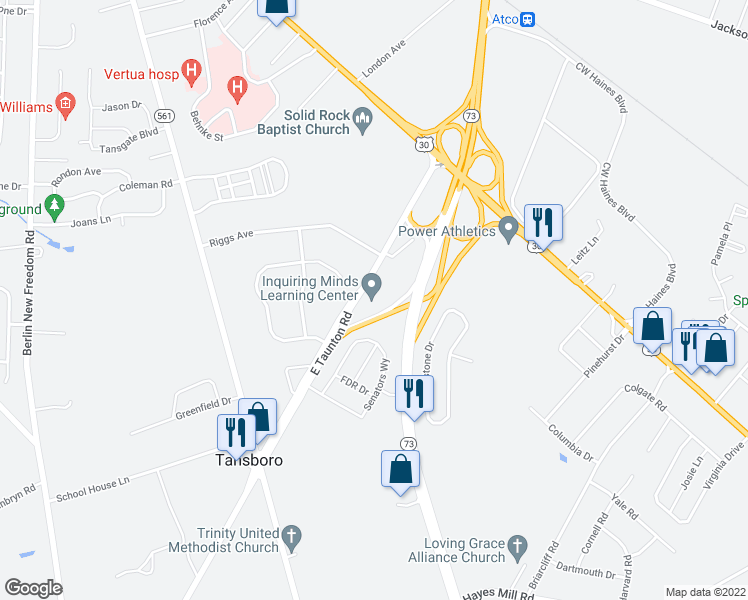 map of restaurants, bars, coffee shops, grocery stores, and more near 45 East Taunton Road in Winslow Township