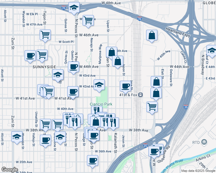 map of restaurants, bars, coffee shops, grocery stores, and more near Lipan Street in Denver