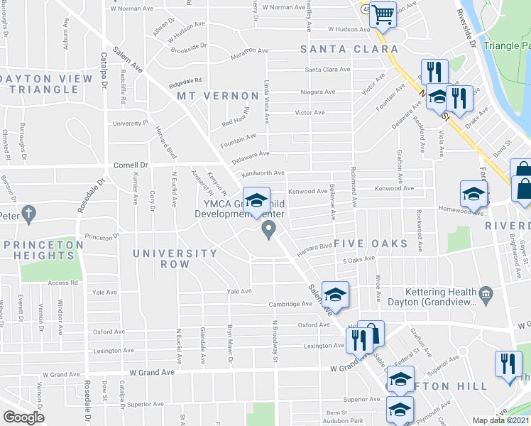 map of restaurants, bars, coffee shops, grocery stores, and more near 1047 Salem Avenue in Dayton