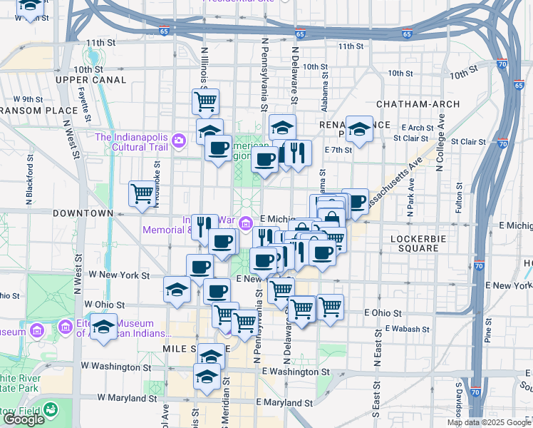 map of restaurants, bars, coffee shops, grocery stores, and more near 429 North Pennsylvania Street in Indianapolis