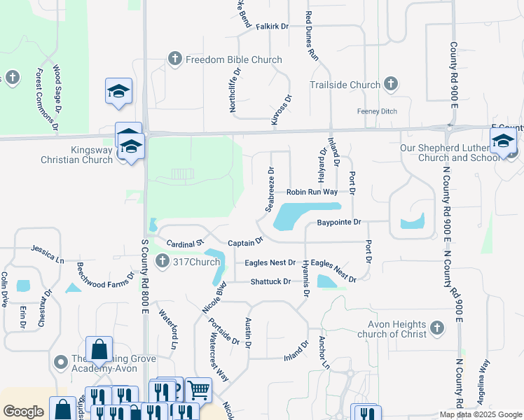 map of restaurants, bars, coffee shops, grocery stores, and more near 744 Seabreeze Drive in Avon