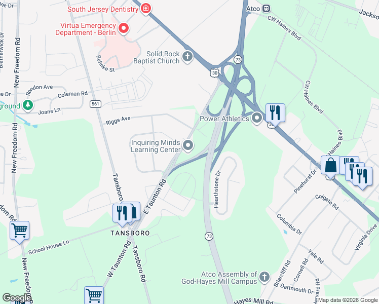 map of restaurants, bars, coffee shops, grocery stores, and more near 45 East Taunton Road in Winslow Township