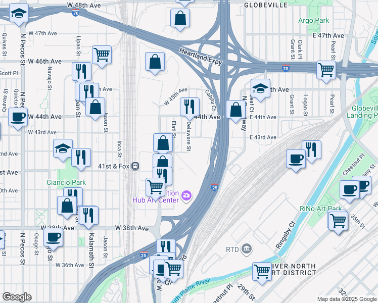 map of restaurants, bars, coffee shops, grocery stores, and more near 4100 Delaware Street in Denver