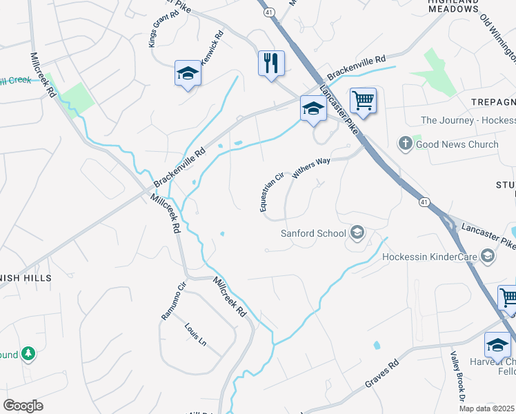 map of restaurants, bars, coffee shops, grocery stores, and more near 10 Equestrian Circle in Hockessin