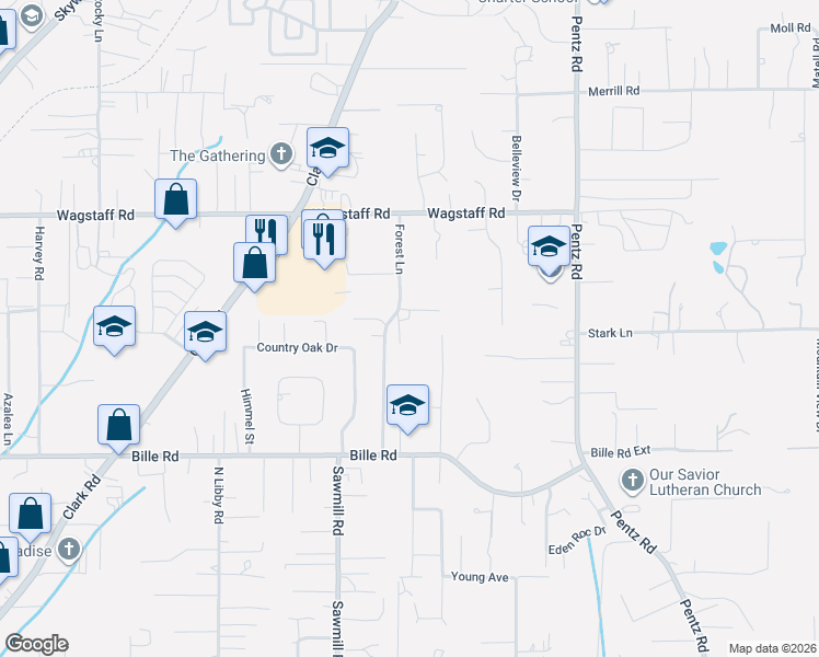 map of restaurants, bars, coffee shops, grocery stores, and more near 6318 Glory Road in Paradise