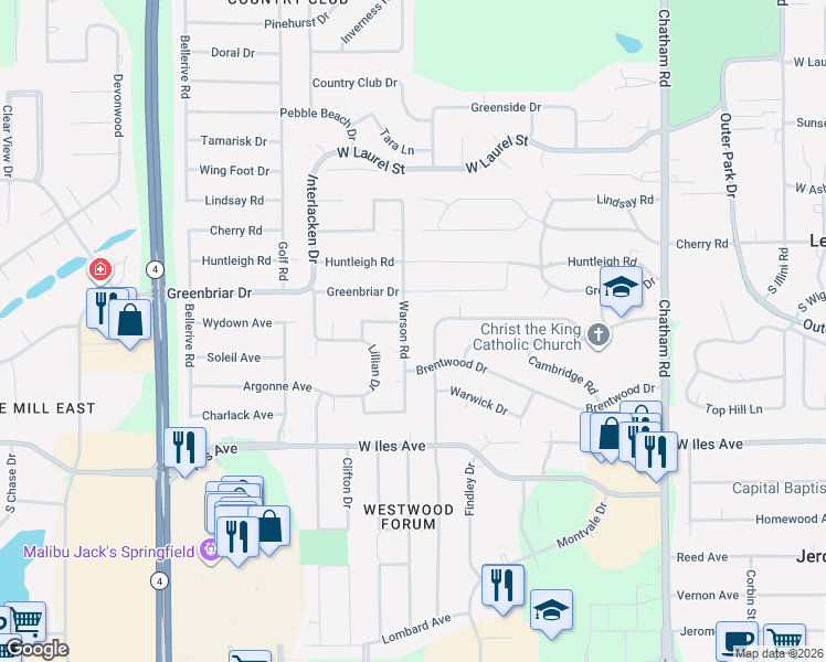 map of restaurants, bars, coffee shops, grocery stores, and more near 2218 Warson Road in Springfield