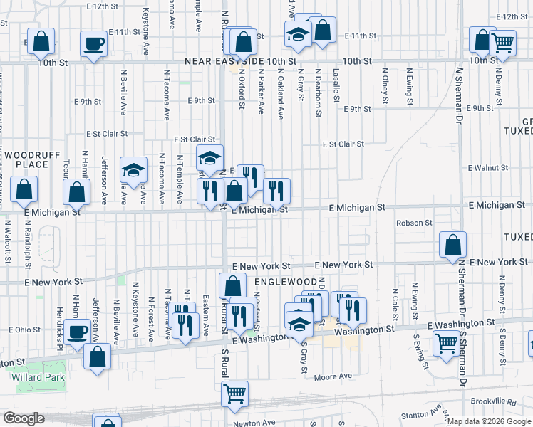 map of restaurants, bars, coffee shops, grocery stores, and more near 444 North Oakland Avenue in Indianapolis