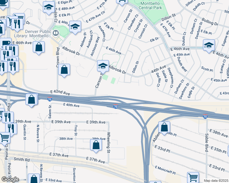 map of restaurants, bars, coffee shops, grocery stores, and more near 4210 Carson Street in Denver
