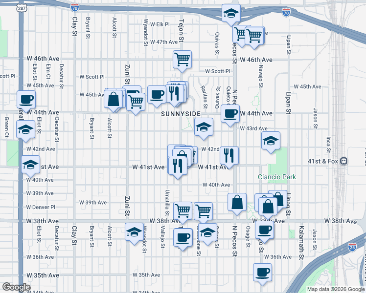 map of restaurants, bars, coffee shops, grocery stores, and more near 4155 Shoshone Street in Denver