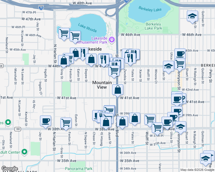 map of restaurants, bars, coffee shops, grocery stores, and more near 4152 Ames Street in Denver