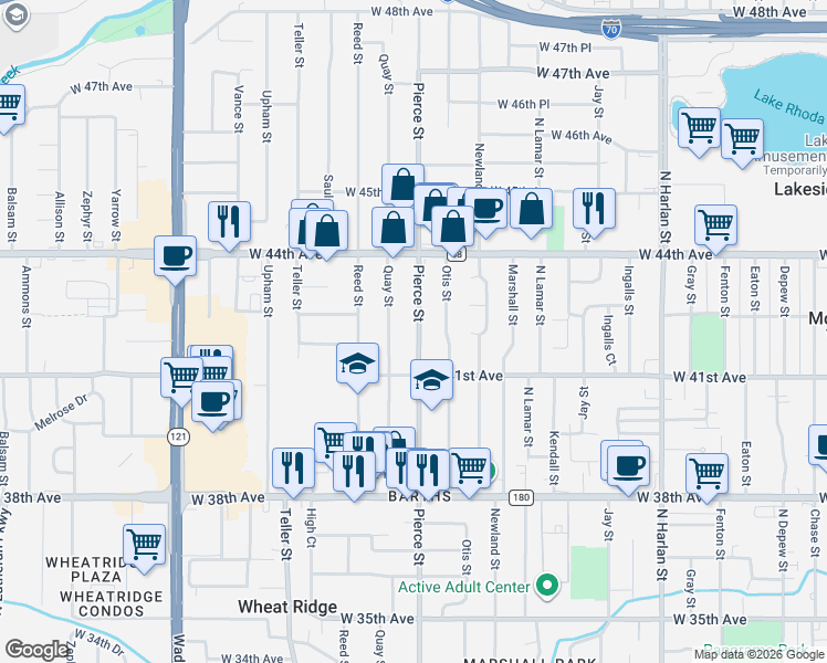 map of restaurants, bars, coffee shops, grocery stores, and more near 4150 Pierce Street in Wheat Ridge
