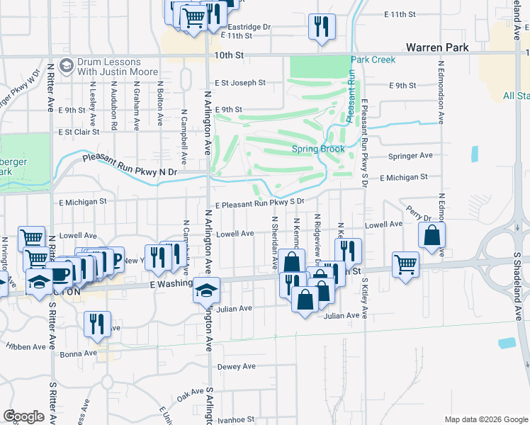 map of restaurants, bars, coffee shops, grocery stores, and more near 6141 East Pleasant Run Parkway South Drive in Indianapolis