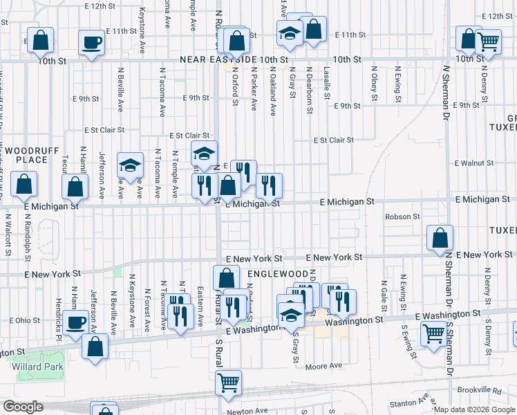 map of restaurants, bars, coffee shops, grocery stores, and more near 444 North Oakland Avenue in Indianapolis