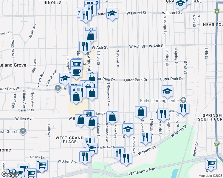 map of restaurants, bars, coffee shops, grocery stores, and more near 2325 South Glenwood Avenue in Springfield