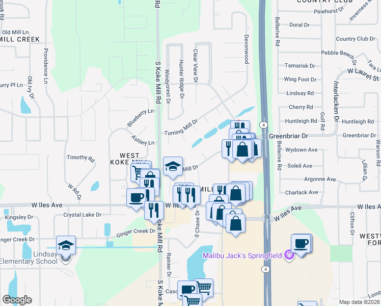 map of restaurants, bars, coffee shops, grocery stores, and more near 2201-2299 Silver Mill Ct in Springfield