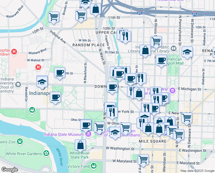 map of restaurants, bars, coffee shops, grocery stores, and more near West Michigan Street & North West Street in Indianapolis