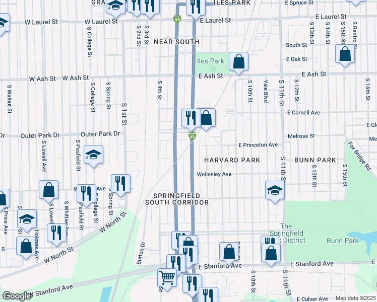 map of restaurants, bars, coffee shops, grocery stores, and more near 2323 South 6th Street in Springfield
