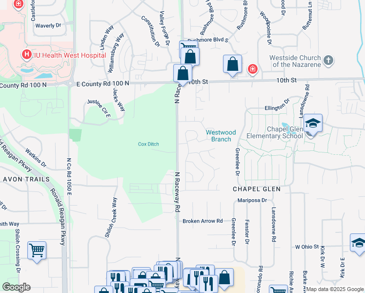 map of restaurants, bars, coffee shops, grocery stores, and more near 9231 Mariwood Parkway in Indianapolis