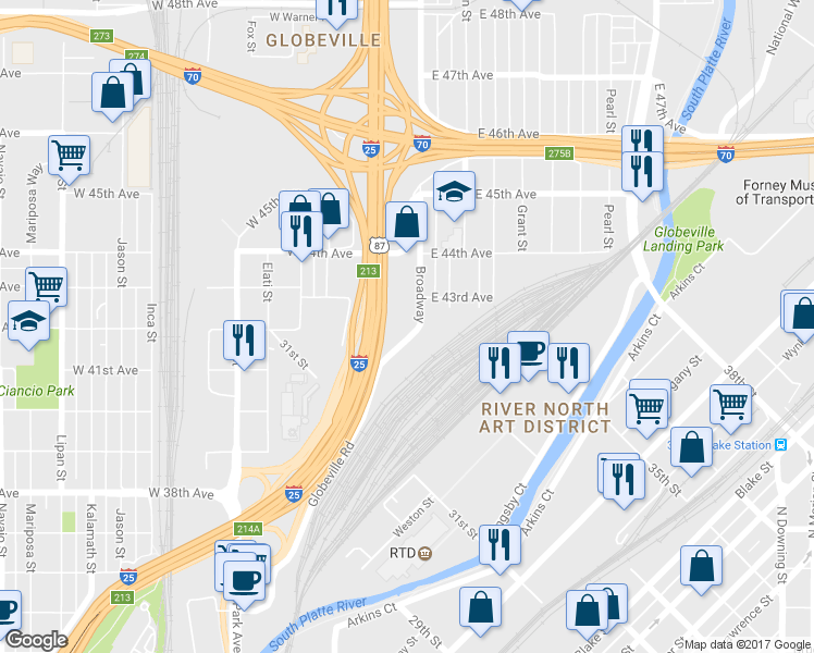 map of restaurants, bars, coffee shops, grocery stores, and more near 4215 Globeville Road in Denver