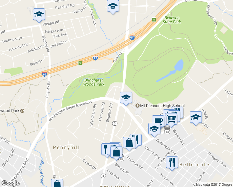 map of restaurants, bars, coffee shops, grocery stores, and more near 607 Brighton Road in Wilmington