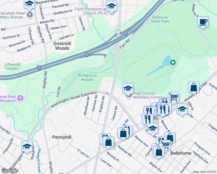 map of restaurants, bars, coffee shops, grocery stores, and more near 607 Brighton Road in Wilmington