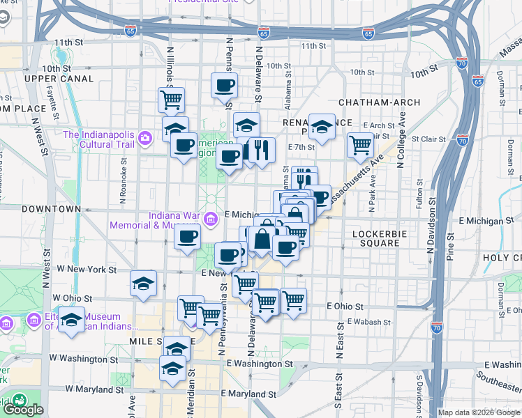 map of restaurants, bars, coffee shops, grocery stores, and more near 210 East Michigan Street in Indianapolis