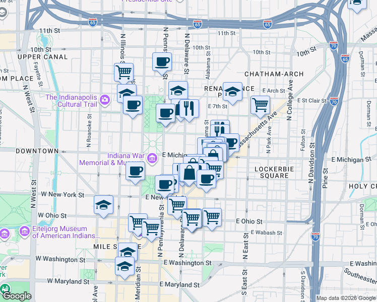 map of restaurants, bars, coffee shops, grocery stores, and more near 210 East Michigan Street in Indianapolis