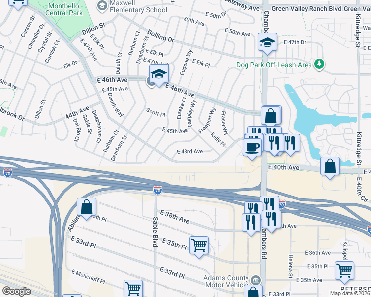 map of restaurants, bars, coffee shops, grocery stores, and more near 15072 East 43rd Avenue in Denver
