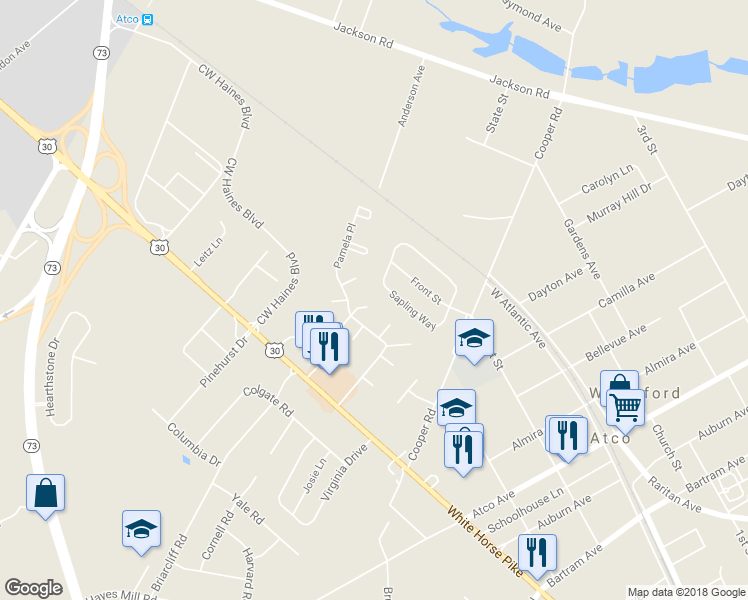 map of restaurants, bars, coffee shops, grocery stores, and more near 2426 Pliner Court in Atco