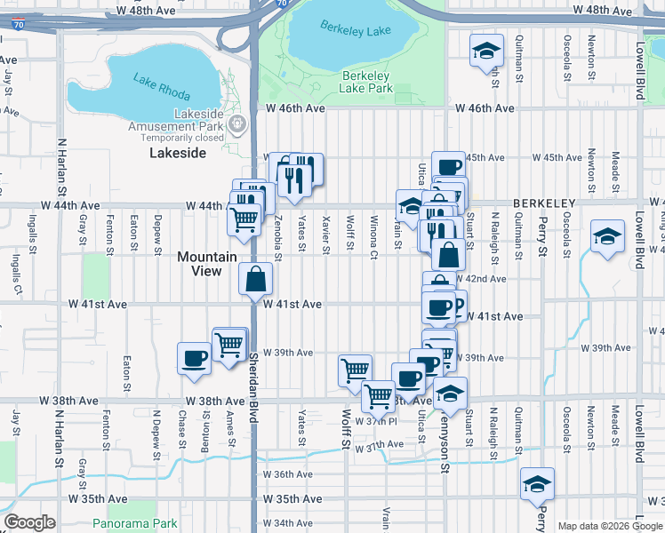map of restaurants, bars, coffee shops, grocery stores, and more near 4154 Xavier Street in Denver