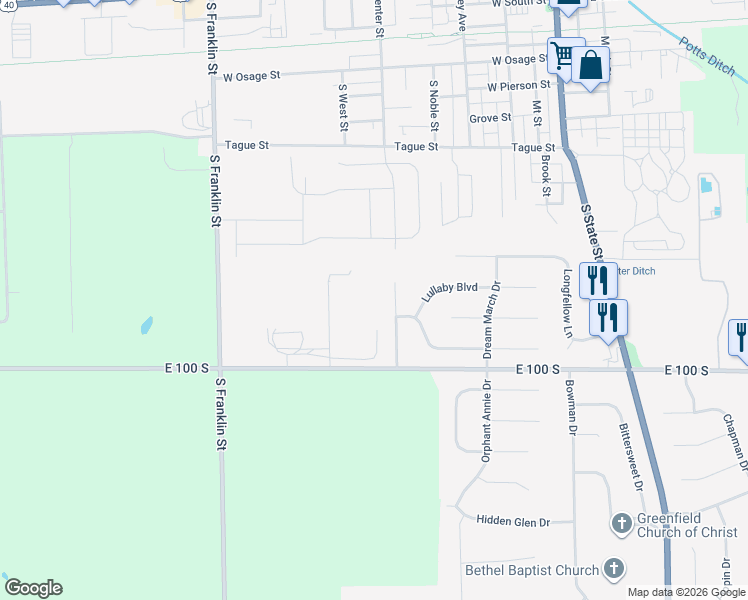 map of restaurants, bars, coffee shops, grocery stores, and more near 100 South West Street in Greenfield