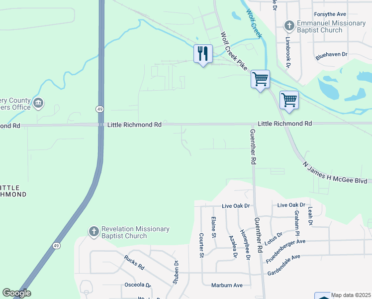 map of restaurants, bars, coffee shops, grocery stores, and more near 1 Larkswood Drive in Dayton